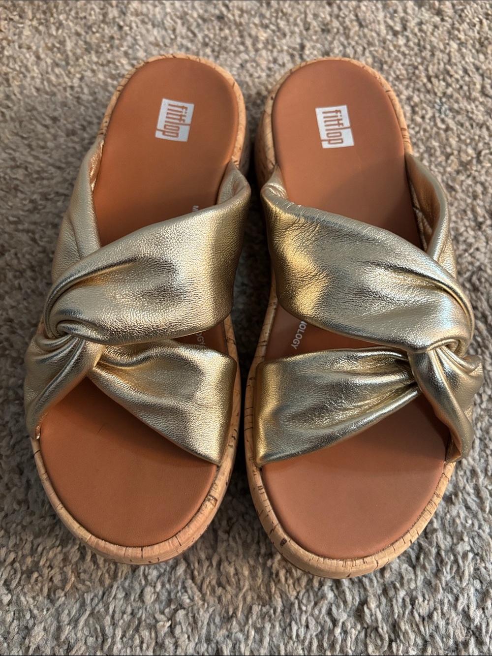 Fitflop F-Mode Leather Twist Platino Gold Cork Slide Sandal Size 6 - Picture 3 of 10
